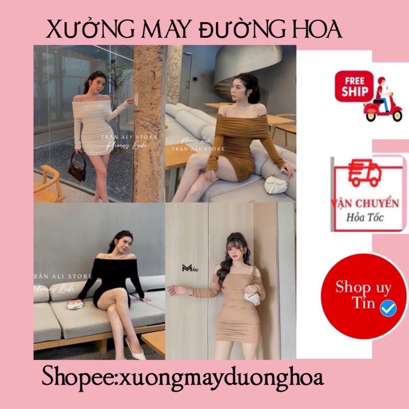 Váy body lưới trễ vai dài tay siêu tôn dáng Xưởng May Đường Hoa( Kèm ảnh thật shop chụp manocanh)