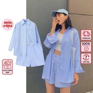 Set sơ mi và shorts kẻ xanh phong cách pyjama Mia Striped Shirt & Boxer Short Mia Ritta A2059B Q381B