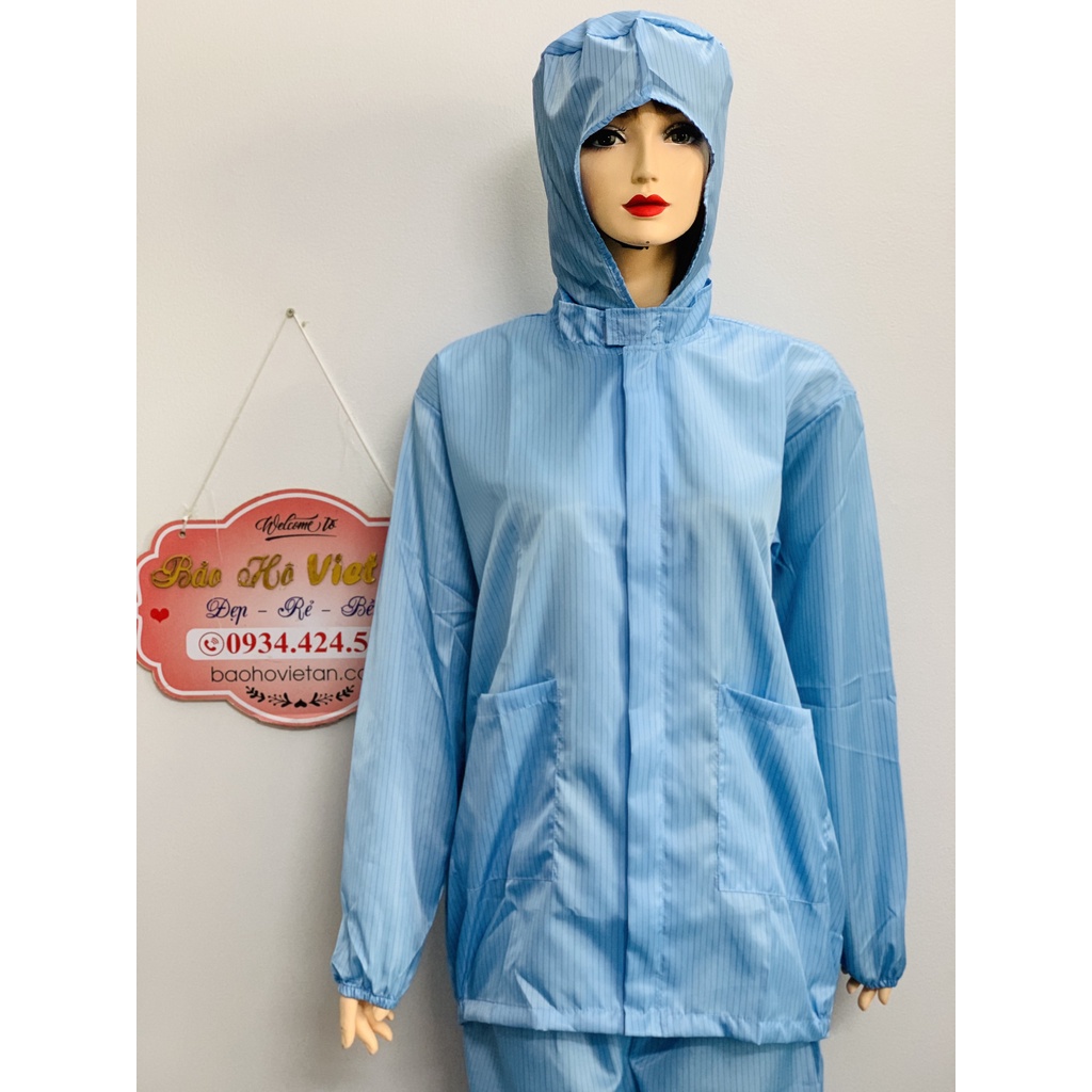 Đồng phục quần áo có nón xanh phòng sạch chống tĩnh điện dài tay