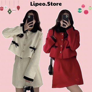 Set dạ Tweet cổ sen lượn sóng phối màu đen kèm chân váy chữ A