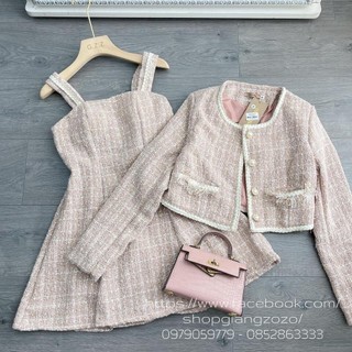 [ẢNH THẬT] Set vest kèm chân váy xòe cổ V có khuy cài, áo ngắn tay cho mùa hè