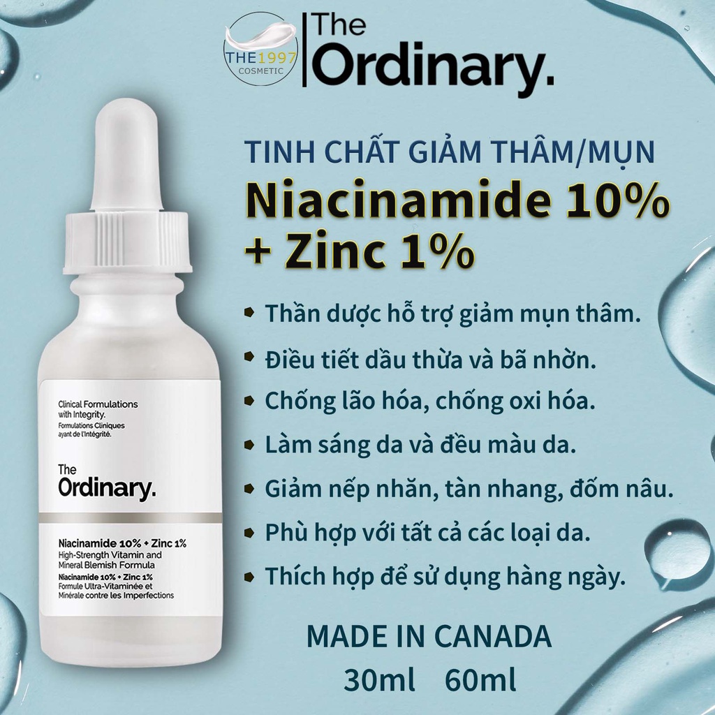 The Ordinary Niacinamide 10% + Zinc 1% - Tinh Chất Giảm Mụn, Se Khít Lỗ Chân Lông, Sáng Da - Choto Cosmetics