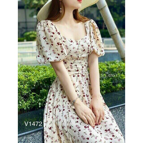 Váy hoa nhí mùa hè có tay-cổ vuông đơn giản eo kiểu đan chéo lên from chuẩn sang xịn đẹp-váy hoa dáng dài