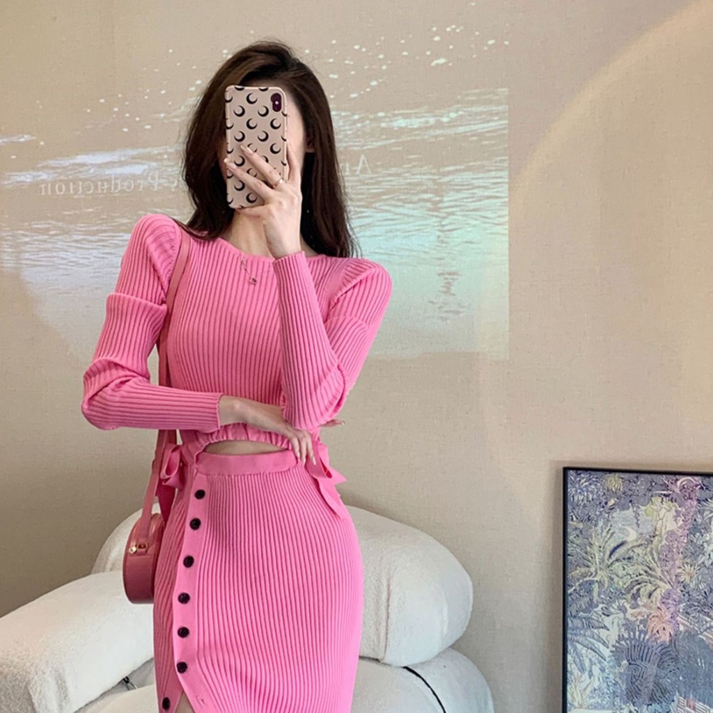 Jiashucheng Đầm Dệt Kim Tay Dài Phong Cách Mới Cao Cấp Cá Tính Cho Nữ