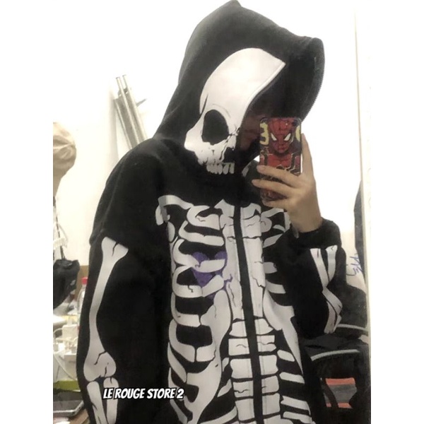 Áo khoác nỉ unisex nam nữ mũ khóa đầu lâu hình bộ xương siêu phẩm thời trang