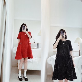 Váy dạ tweed đai eo dáng xoè