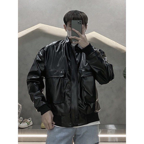 ÁO KHOÁC BOMBER FULL DA 2 MÀU ĐEN NÂU UNISEX NAM VÀ NỮ