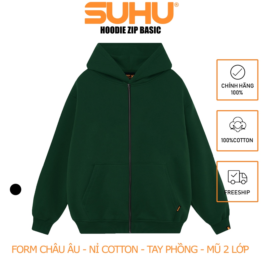 Áo khoác Hoodie ZIP trơn khóa kéo Local Brand Unisex SUHU Premium Basic nỉ bông cotton mũ 2 lớp Oversize SUHU / AHZ0