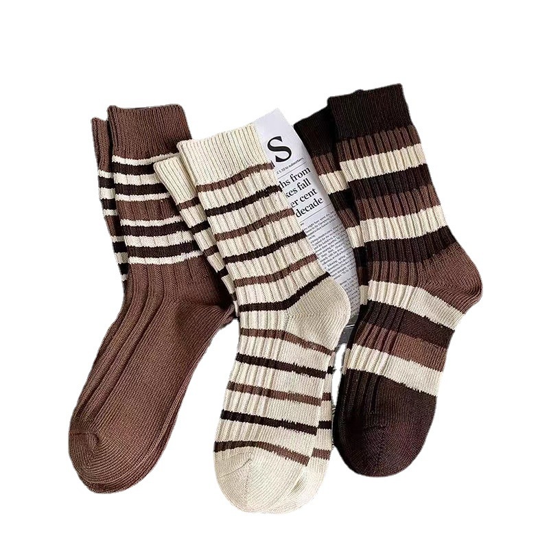 Vớ Thể Thao Cổ Cao Dày Dặn Họa Tiết Kẻ Sọc Thời Trang Thu Đông Cho Nữ