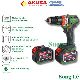 Máy khoan pin 13 ly Akuza đầu auto lock 13mm không chổi than - Máy khoan tắc động siêu khoẻ, siêu bền FULL PHỤ KIỆN