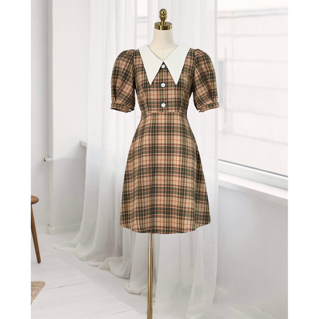 Đầm nữ tay lỡ họa tiết kẻ caro phối cổ trắng siêu xinh thiết kế cao cấp tkfashion - dkb227