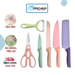 Bộ dao nhà bếp, bộ dao kéo lúa mạch 6 món đa năng sắc bén tiện lợi kháng khuẩn tốt MACHIKA - 15BDCNB