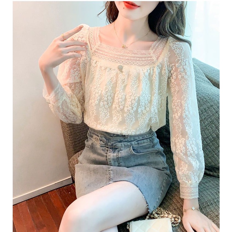 Áo Chiffon Cổ Vuông Tay Dài Phối Ren Thời Trang Mùa Xuân Cho Nữ