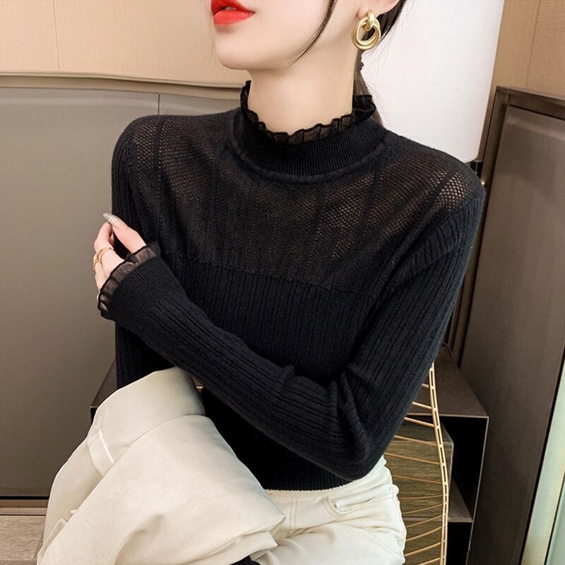 Slim lace stitching half-high collar bottoming long-sleeved shirt