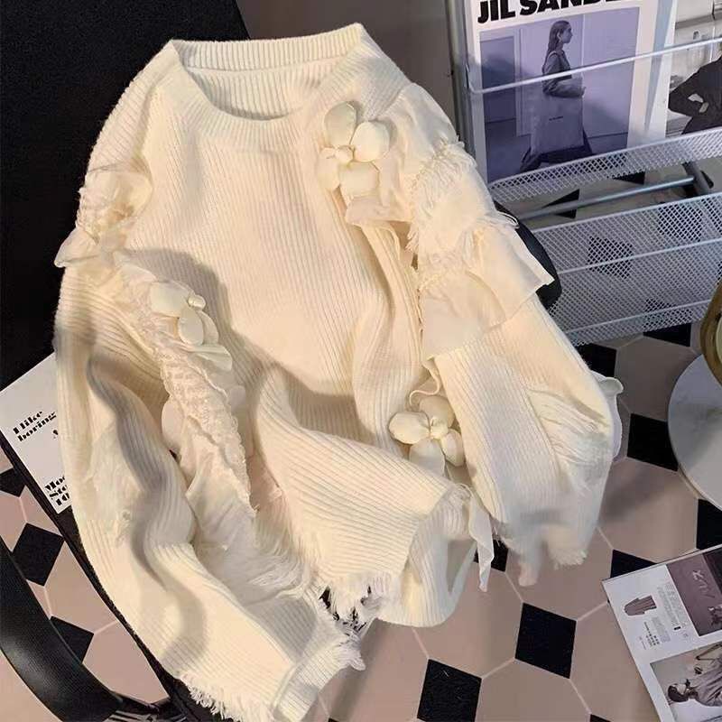 áo len nữ croptop form rộng tăm cộc tay trễ vai mỏng cổ lọ áo khoác carigan thom browne local brand ngắn tay dày hàn quốc dáng rộng Áo Sweater Dệt Kim Sáp Mềm Dáng Rộng Phối Bèo Phong Cách Ngọt Ngào Thời Trang Mùa Thu