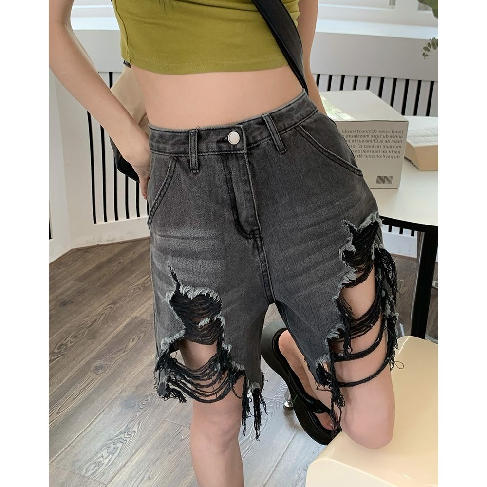 Jiashucheng Quần Short Denim Mỏng Dáng Rộng Thiết Kế Rách Thời Trang Xuân Hè Cá Tính Cho Nữ