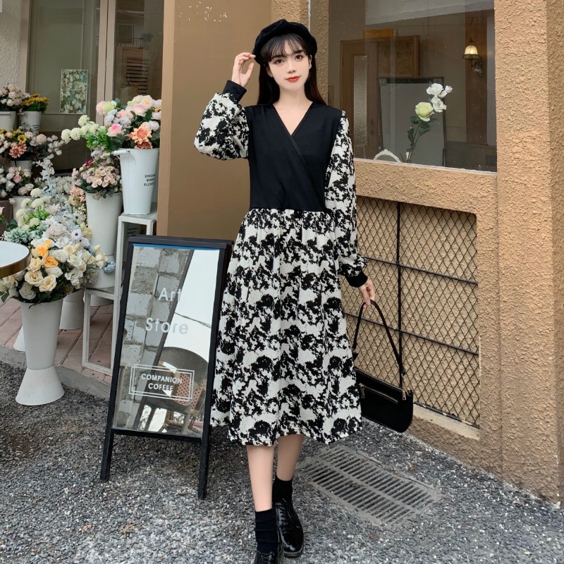 Đầm Hoa Tay Phồng Lưng Cao Thời Trang Mùa Thu Hàn Quốc Cho Nữ