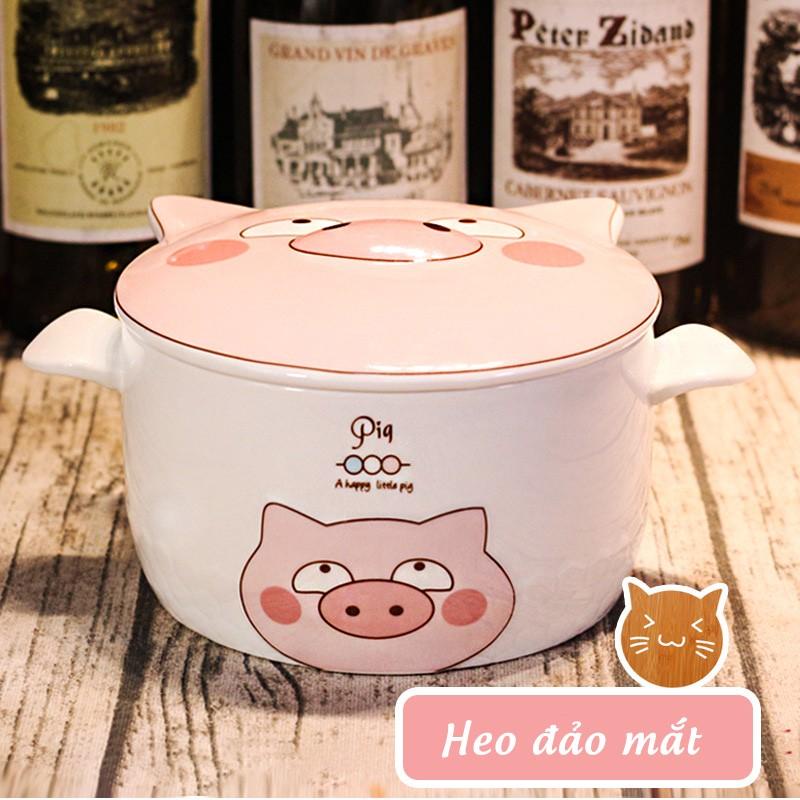 Bát Tô Sứ Ăn Mỳ Hình Heo Con Biểu Cảm Dễ Thương Dung Tích Lớn 1000ml Có Nắp