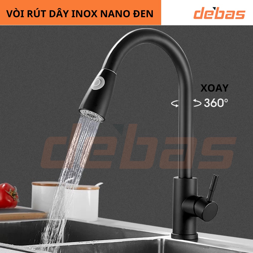 Chậu rửa bát đúc 2 hố mạ nano đen kèm vòi dây rút rổ kéo đa năng cao cấp korea sus304 bồn rửa chén 2 hộc Debas 7843 8245