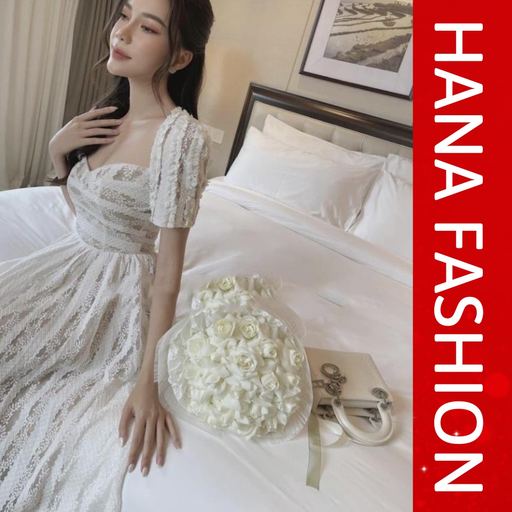 Siêu Phẩm Đầm Thiết Kế Váy Bèo Ren Tay Buộc Dây Sau Hàng Cao Cấp 2 Lớp Dự Tiệc, Đám Cưới, Dáng Dài Siêu Xinh