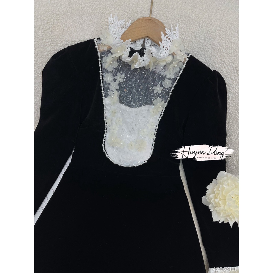 Đầm ngắn Tay dài chữ A phối ren 4206 - đầm thời trang nữ