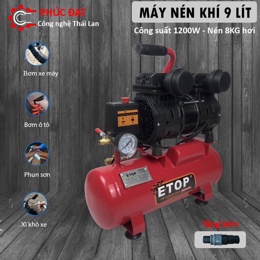 Máy nén khí mini không dầu, ít ồn, 9 lít 1200w chính hãng GGG, 2 van nạp khí 35s đầy bình chuyên dùng phun sơn, xì khô