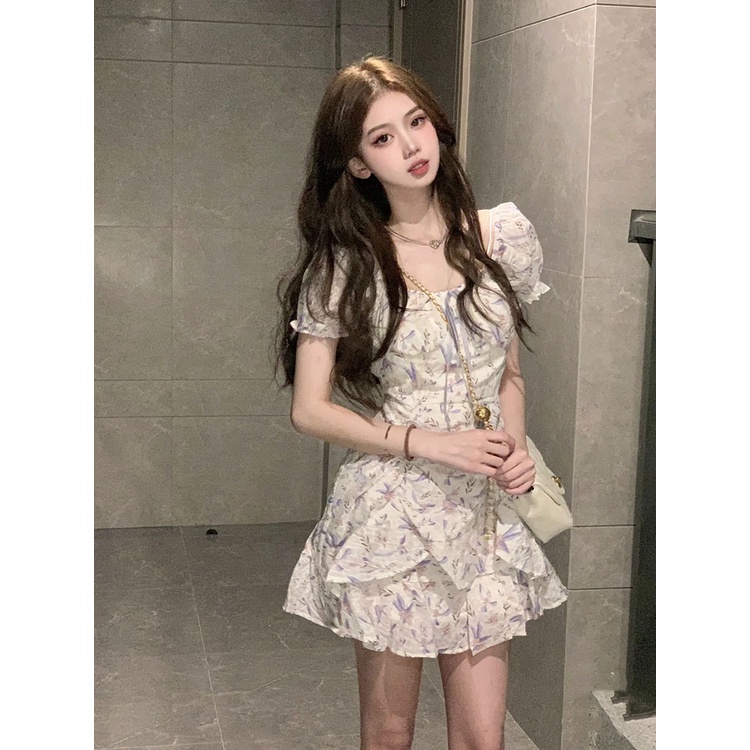 Đầm công chúa, tay phồng, cổ vuông, họa tiết hoa, phong cách cute, ngọt ngào, váy nữ thời trang xuân hè mới
