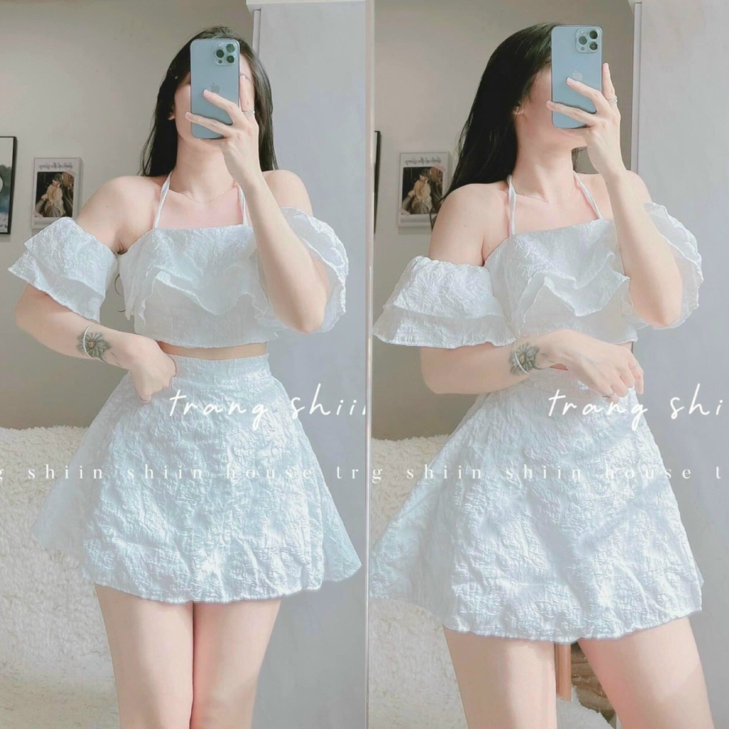 Sét Đồ Bộ Nữ Chất Vải Gấm Áo Bèo Ngực Tay Trễ Vai ( Có Mút Ngực ) Kèm Chân Váy Thiết Kế Sang Chảnh Đi Làm Công Sở,Dạ Hội