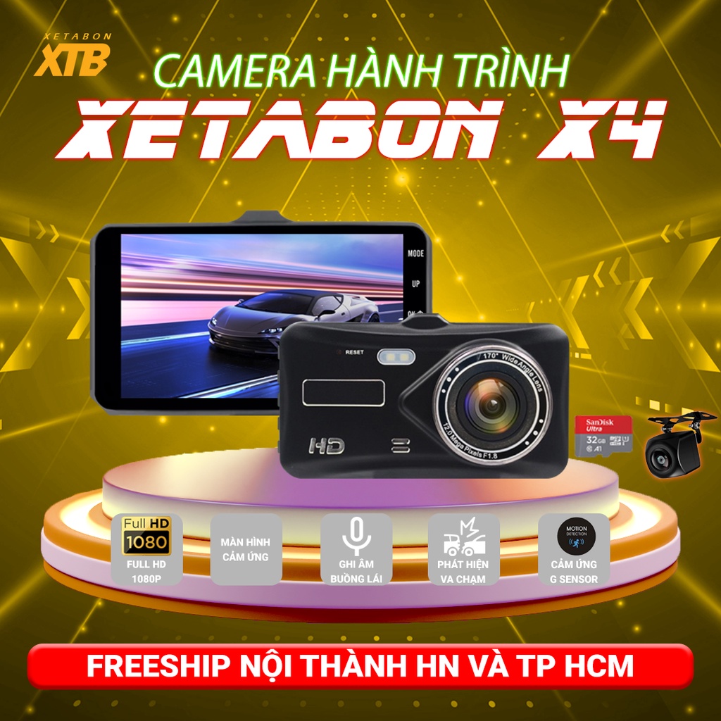 Camera hành trình ô tô X4 màn hình cảm ứng 4 inch ghi hình trước sau Full HD 1080p bảo hành 12 tháng
