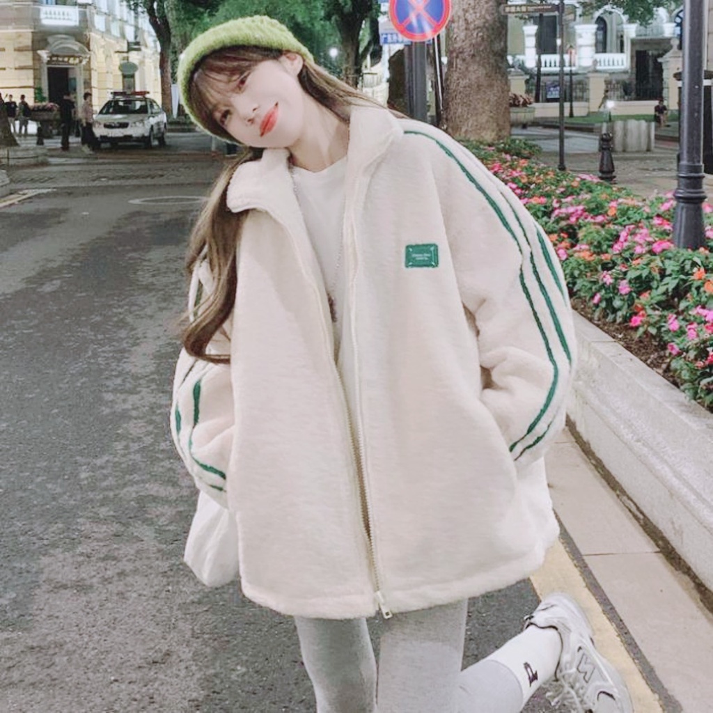 Áo Khoác Lông 3 Sọc Tay Xanh Lông Trắng, Áo Khoác Mùa Đông Cực Dày