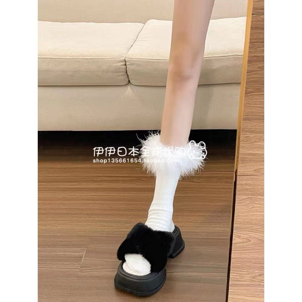 Dép Cao Gót Đế Dày Quai Ngang Phối Lông Thời Trang Mùa Thu 2022 Mới Cho Nữ