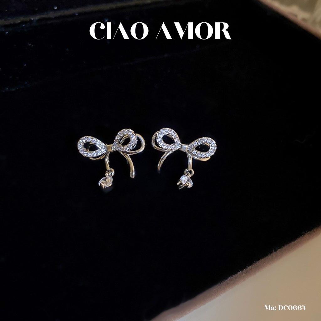 Sé dây chuyền nữ, Khuyên tai nữ nơ mảnh 2 lớp dễ thương Trang sức Ciao Amor - DC0664