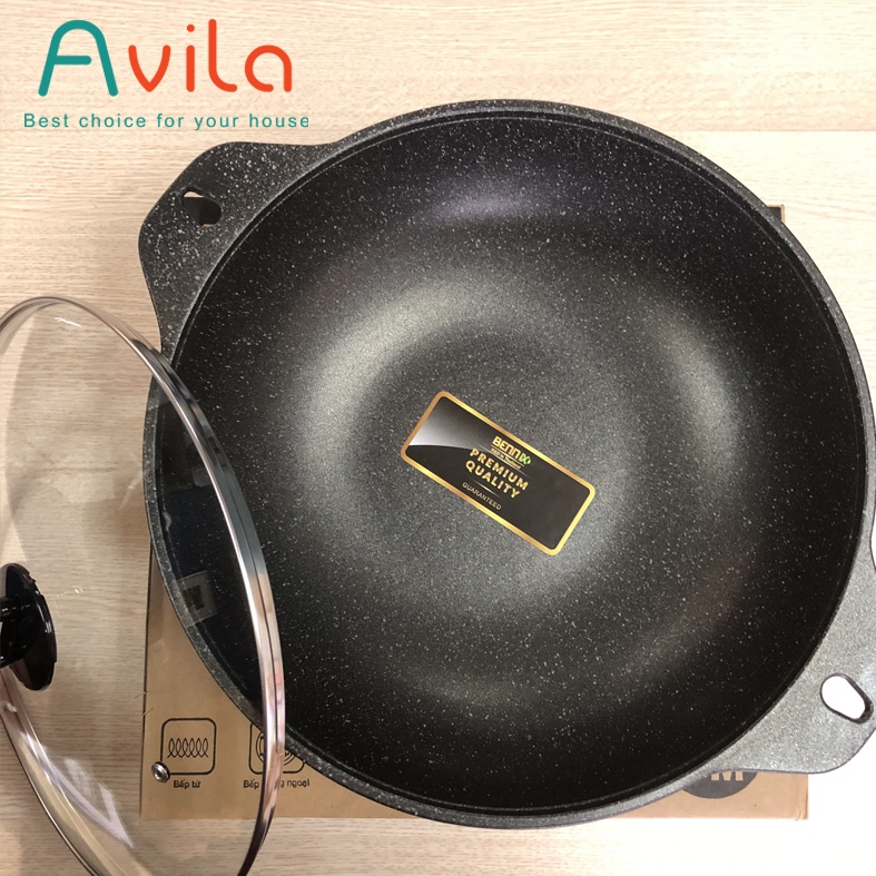 Chảo chống dính sâu lòng vân đá cao cấp, chảo đáy từ nắp kính đun xào chiên rán Bennix BN-32Terra - Hàng chính hãng