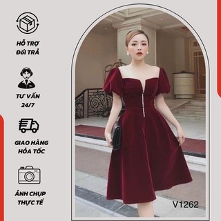 Đầm nữ dáng xòe chât nhung đính cườm, thanh lịch thời trang ( có mút ngực ) - 1101