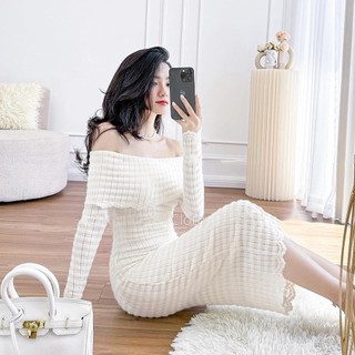 Váy len body trễ vai dài tay dáng dài hàng quảng châu v3037 - tiệm váy xinh quảng châu