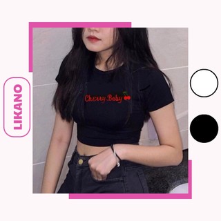 Áo croptop thun lạnh dày dặn thêu chữ và quả cherry 2 màu LIKANO CRT47