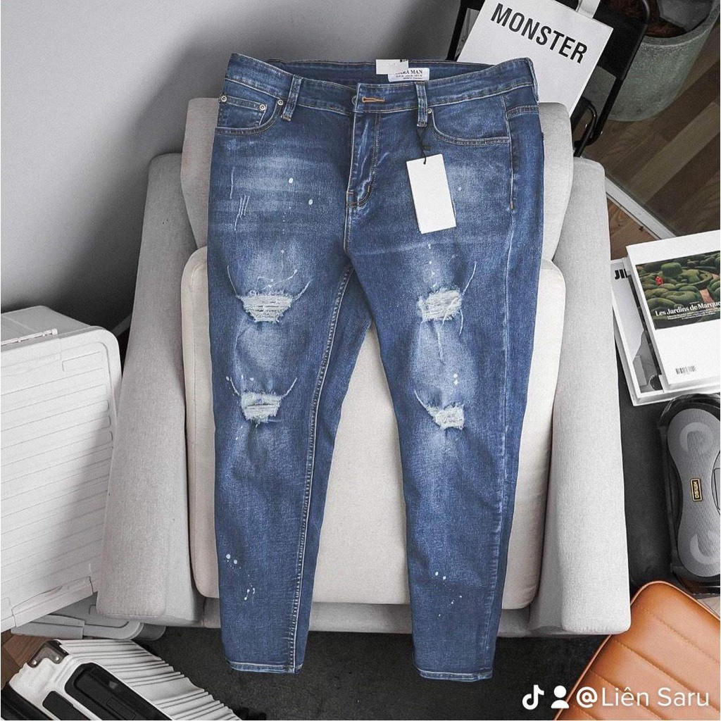 Quần jean xanh rách phun sơn bigsize nam tới 140kg mã 459