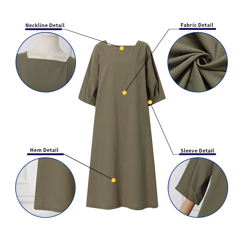 Đầm ZANZEA cổ vuông tay dài 3/4 màu trơn có túi thời trang cho nữ