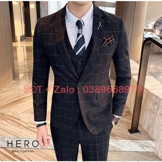 Bộ vest nam hàn quốc kẻ caro đen, suit nam hàn quốc kẻ caro