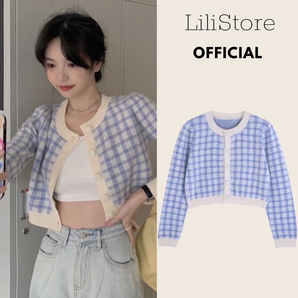 Áo Cardigan Kẻ Ô Xanh Trắng Cổ Tròn