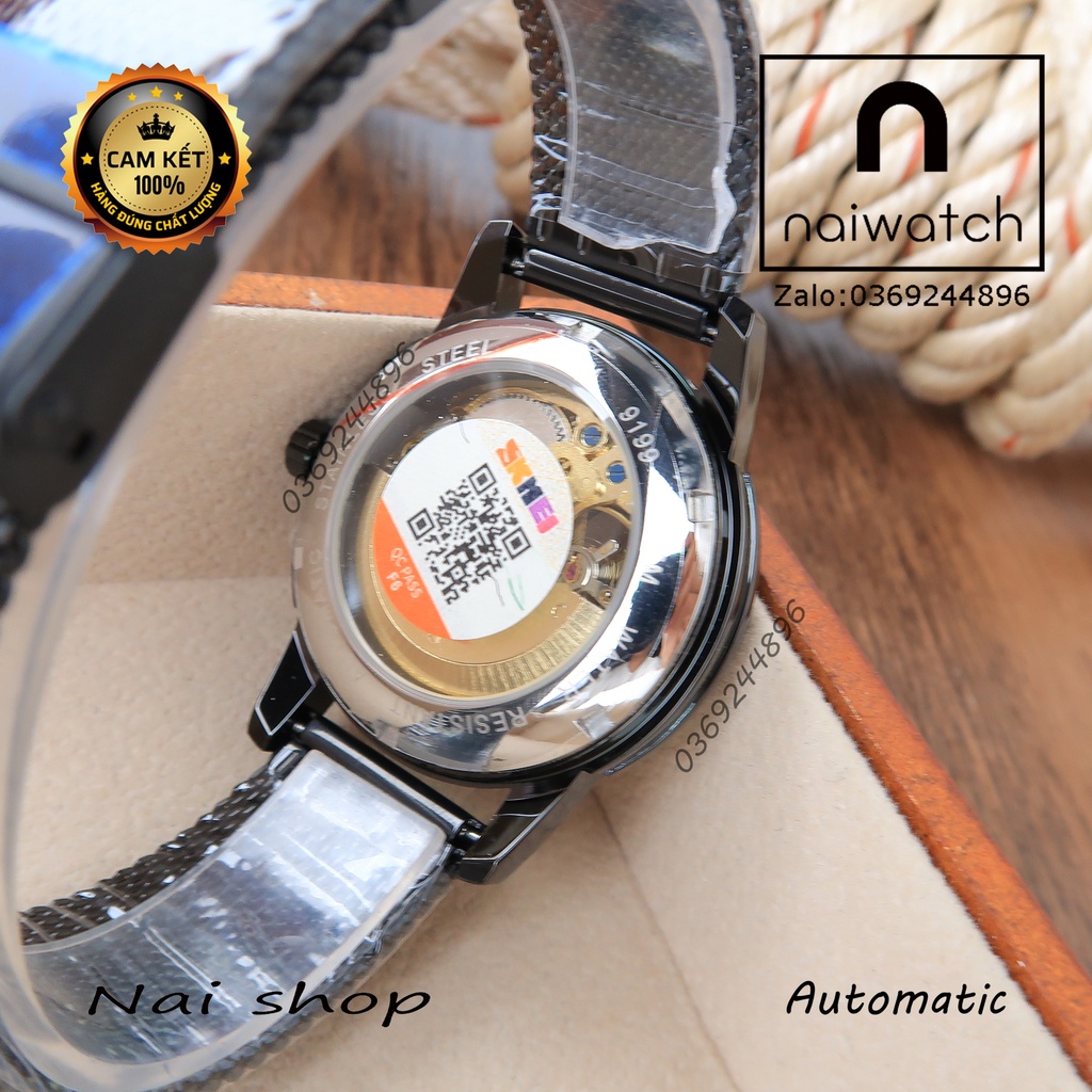 Đồng hồ nam Skmei cơ tự động full đen, dây lưới thép cực trẻ trung năng động