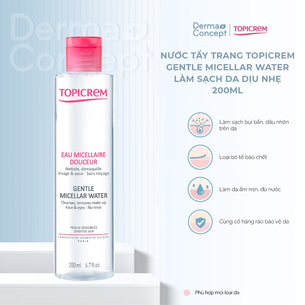 Nước tẩy trang Topicrem Gentle Micellar Water làm sạch da dịu nhẹ 200ml