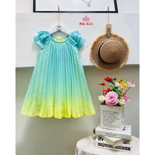 Đầm váy dập ly của MIKIKIDS chuyển màu loang phom chữ A nhập cao cấp Size 13-36kg