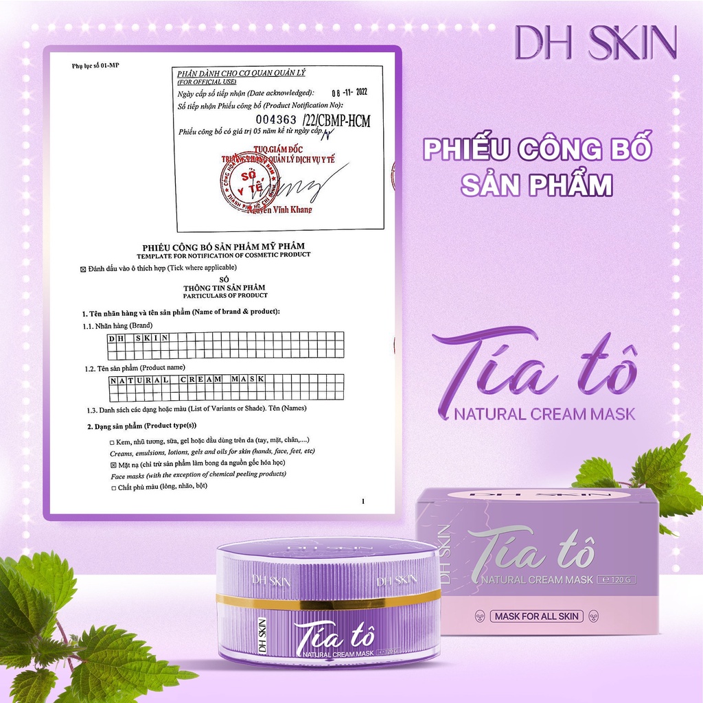Mặt Nạ Tía Tô Dưỡng Trắng Giảm Nám DH Skin Chính Hãng
