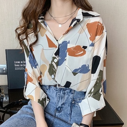 ZHELIHANGFEI Áo Sơ Mi Tay Dài Dáng Rộng In Họa Tiết Độc Đáo Thời Trang Mùa Thu Cho Nữ