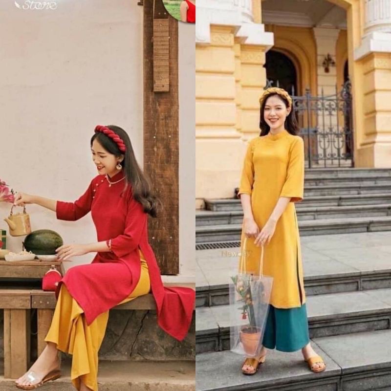 Áo Dài Chất Lụa Cao Cấp- Áo Dài Cách Tân Truyền Thống Màu Cam Tay Lỡ  - Shop PT
