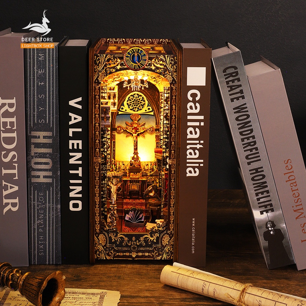 Mô hình 3d Book Nook trang trí giá sách chủ đề Nhà thờ Vintage. SL005 Nhà Búp Bê DIY gỗ có Đèn led Tặng keo dán.