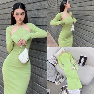 ĐẦM THUN BODY TRƠN CỔ YẾM TAY DÀI XANH BƠ DẠO PHỐ DỰ TIỆC GIÁNG SINH NOEL