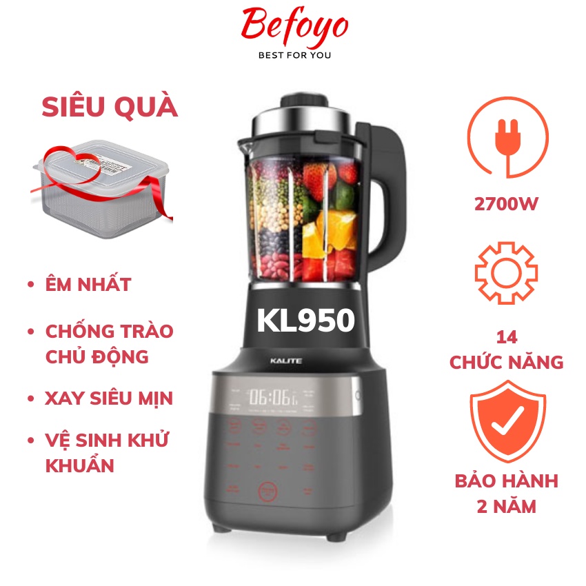 Máy làm sữa hạt Kalite KL 950, công suất 2700W, 1,75L, nắp cảm biến chống trào - bảo hành 24 tháng - KL950