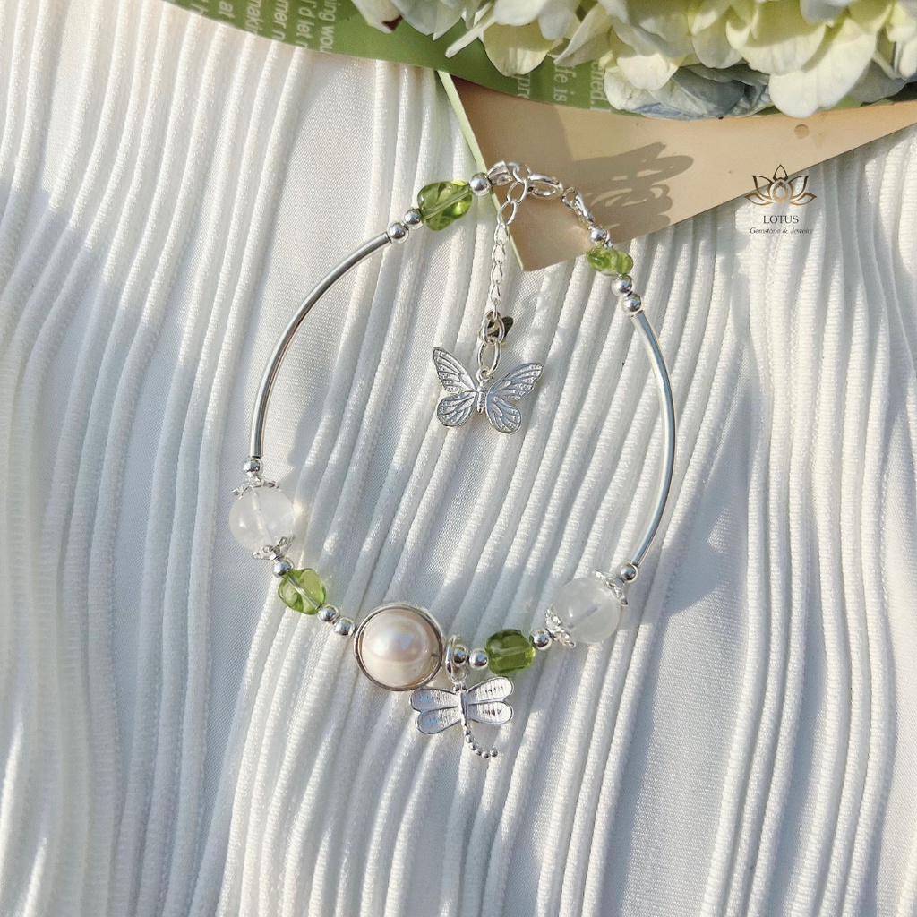 Vòng tay bạc phối Moonstone và đá Peridot